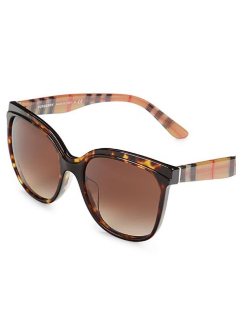 New Burberry Brown Tortoiseshell Cat Eye Sunglasses with Nova Check Temples